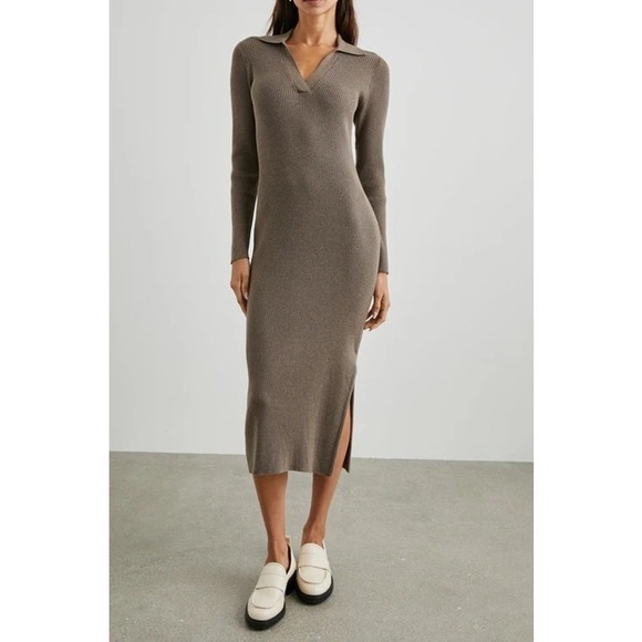 Rails Dresses & Skirts - Rails Luciana Latte Brown Ribbed Knit Long Sleeve Collared Midi Dress Size M NWT